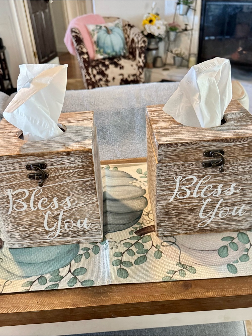 Rustic Farmhouse “Bless You”Wooden Tissue Box Set Cover - White Wash